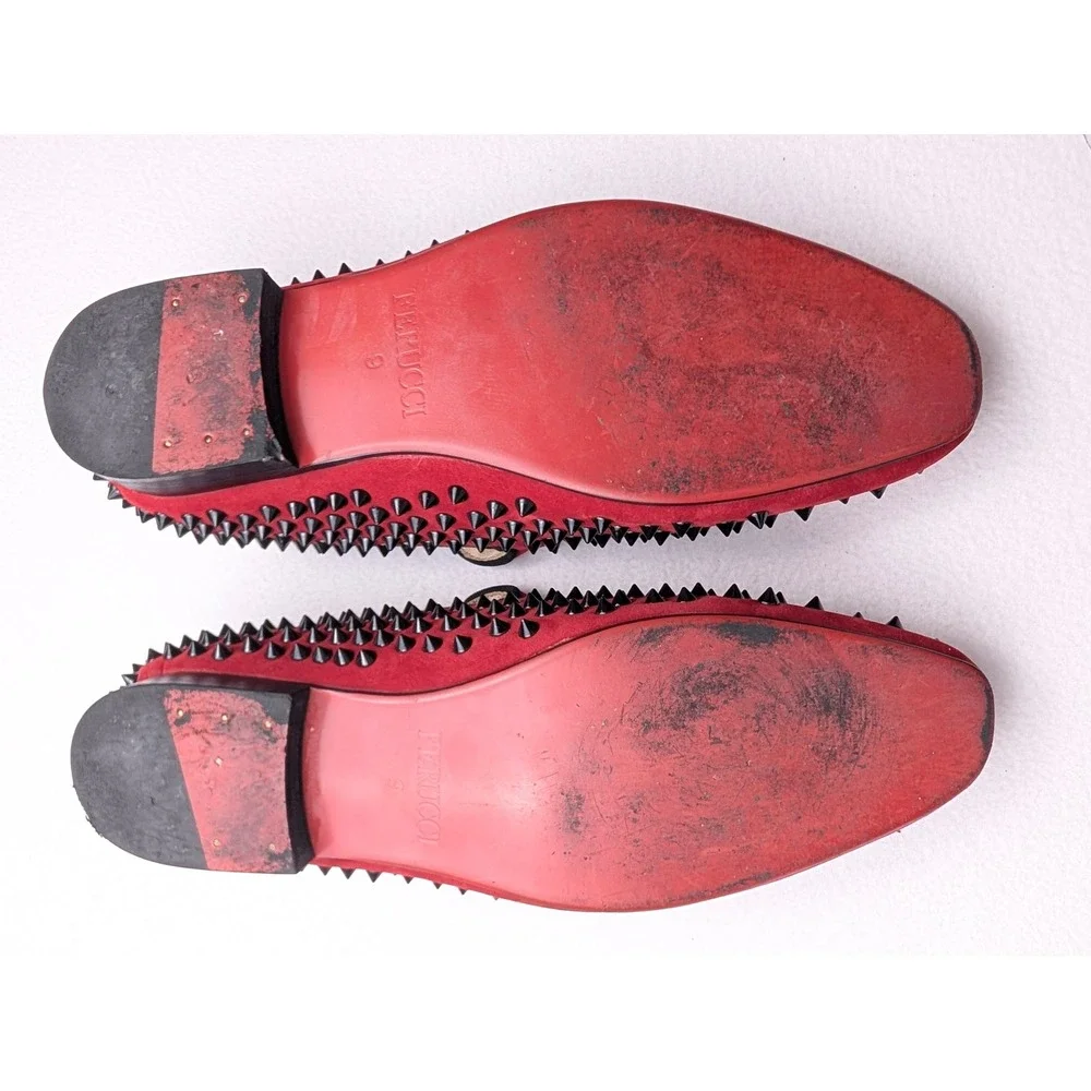 Ferucci Mens Red Suede Black Spiked Loafers Smoking Slippers SM106810-5 Size 9